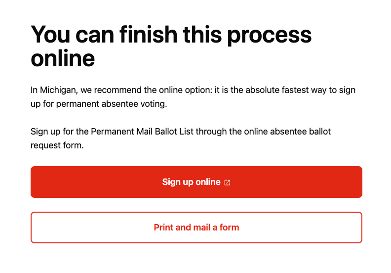 Screen showing options for PAV sign-up. Two buttons. Top button to sign up online and is emphasized in red. Bottom button to print and mail a form.